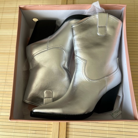 LOIRIT Women's Cowgirl Boots Silver Mid Calf Chunky Heel - Picture 3 of 9